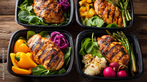 Freshly prepared meal prep, containers grilled chicken vegetables, healthy food display, balanced nutrition preparation, fitness diet planning, with copy space