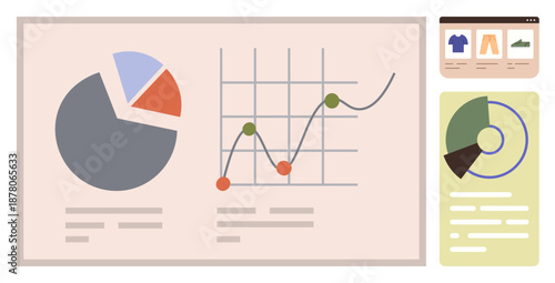 Business strategy, ecommerce insights, sales tracking, performance monitoring, data analysis, online trends. Pie chart, line graph and dashboard UI. Business strategy and ecommerce insights theme