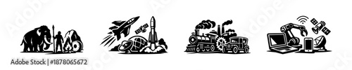 Evolution of technology vector icons set: prehistoric, industrial, modern symbols