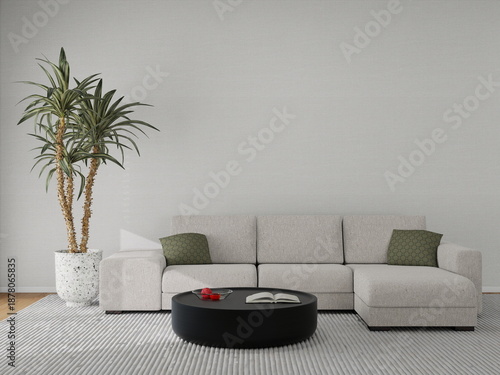 Minimalist living room interior background with empty grey wall texture above sofa for presentation 3d render
