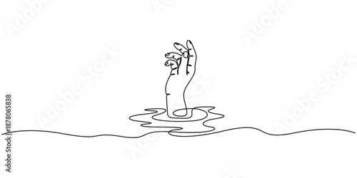 Minimalist continuous line drawing of a hand reaching out from water, interpreted as a symbol for distress, drowning, or needing rescue