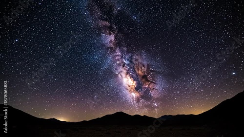 Night sky galaxy view above dark landscape with stars and milky way