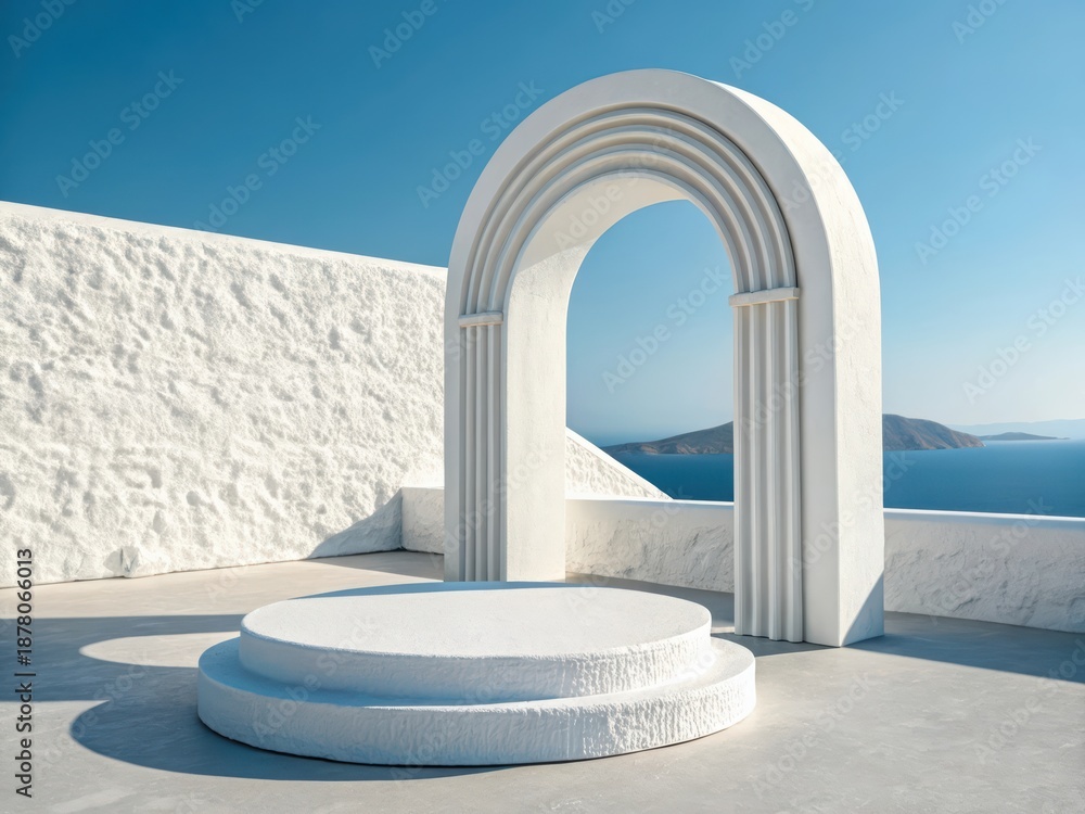 Naklejka premium Minimalist white architectural archway with a circular podium overlooking the sea