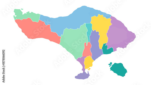 Colorful Administrative Map of Bali Island Divided into Regions. Vector Illustration. EPS Editable