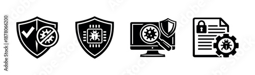 Cybersecurity vector icons set: virus, shield, computer security graphic symbols