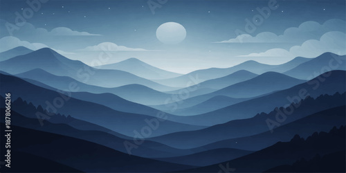 A misty mountain landscape transitions from a snowy winter night into a blue morning fog where the sun rises over the horizon to reveal a beautiful valley view at dawn