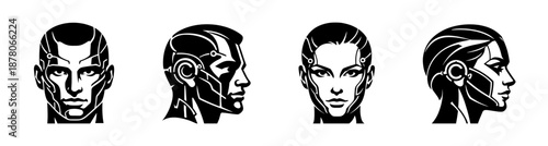 Futuristic faces vector icons set, cyborg and robot, modern digital design