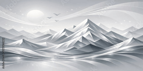 Abstract winter background with blue snow and frozen ice glaciers across an arctic mountain landscape under a cold white sky in the Antarctic ocean