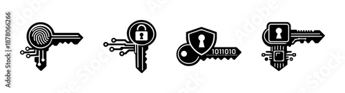 Cybersecurity vector icons set with digital keys, locks, and encryption symbols