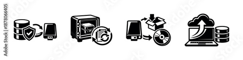 Data storage and backup vector icons set featuring cloud, database, and security elements
