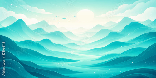 Abstract blue background featuring a mountain landscape with clouds and mist at sunrise over a valley forest view