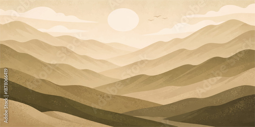 A breathtaking panorama of a misty mountain landscape at sunset where the sun glows over distant hills and a forest valley hidden beneath soft clouds and morning fog