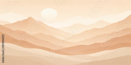 Orange clouds glow over a hot Sahara landscape where the summer sun sets behind dry sand dunes and distant mountain peaks