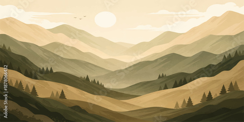 Misty mountain landscape at sunrise featuring a forest valley under a blue sky with light fog and sun rays hitting the hills and horizon