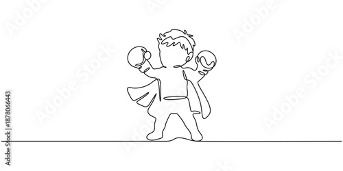 Continuous line drawing of a superhero character, Young child or boy, posed with raised arms and a cape vector illustration