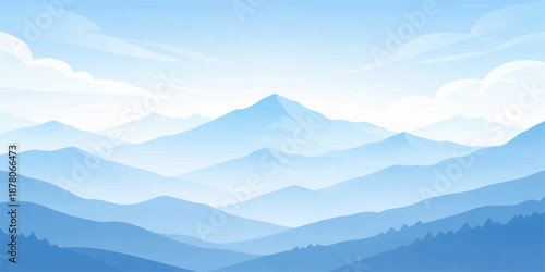 A breathtaking nature landscape features misty mountain peaks and a snowy valley under a blue sunrise sky where clouds and fog meet the morning horizon