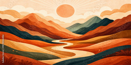 A vibrant orange sky glows over a summer mountain landscape where clouds and morning fog settle in the valley between desert hills at sunrise and sunset