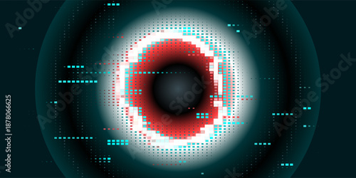 Glitch frame ring with bug distortion and cyan red digital artifacts for futuristic interface. Circular border with noise lines and data corruption effects. Cyberpunk design for tech game overlays.