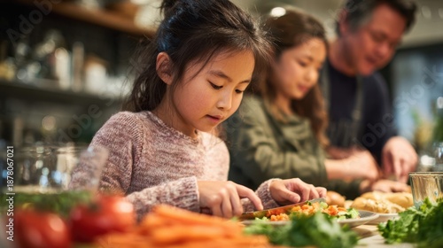 Young Asian girl is chopping vegetables on a wooden cutting board while two family members prepare food in a cozy kitchen with fresh ingredients and warm lighting