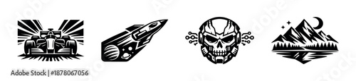 Racing and space adventure vector icons set, skull and mountain designs available