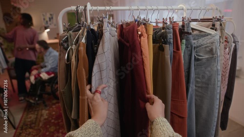 POV of unrecognizable customer hands browsing and choosing vintage clothing items from rack in inclusive second hand store, exploring fashion in inclusive thrift store