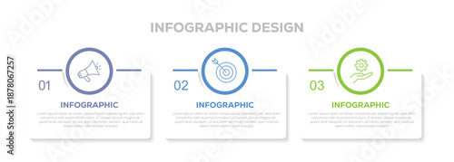  Infographic design with 3 options or steps. Infographics for business concept.  Website template on white background for concept modern design. Horizontal layout. Vector design.