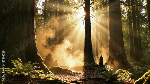 Sunlight streaming through forest trees creating atmospheric effects