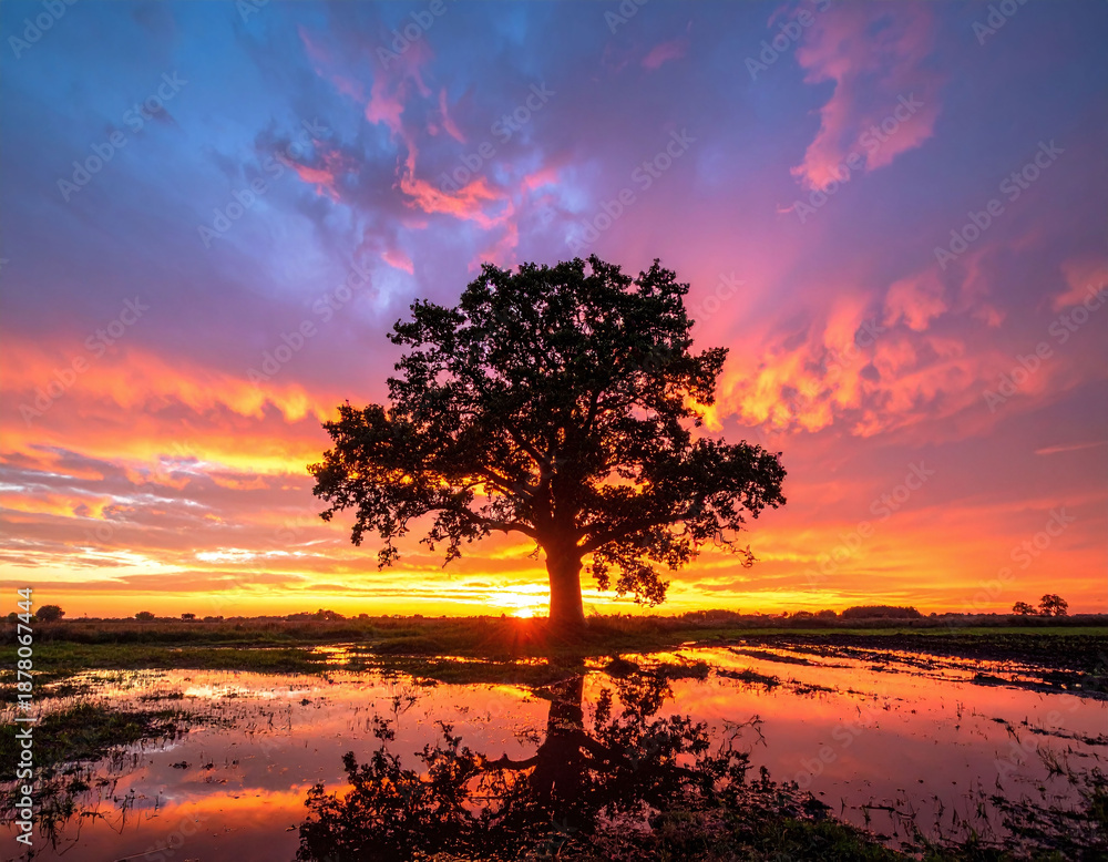 Obraz premium Captivating lone tree silhouette against a dramatic sunset sky with fiery orange and deep purple clouds, mirrored in a calm pool. A powerful metaphor for peace, growth, and resilience.