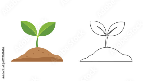 A vibrant green sprout and its outline growing from a mound of earth