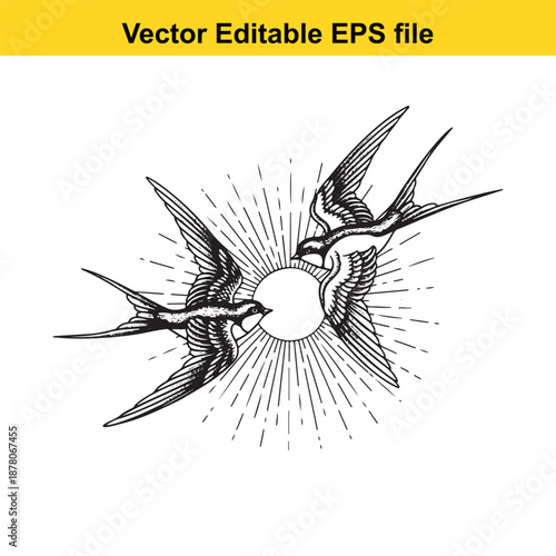 Two swallow birds flying around sun circle element for old school tattoo style design art