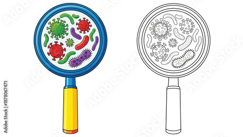 Magnifying glass examining viruses and bacteria colored and outline versions shown
