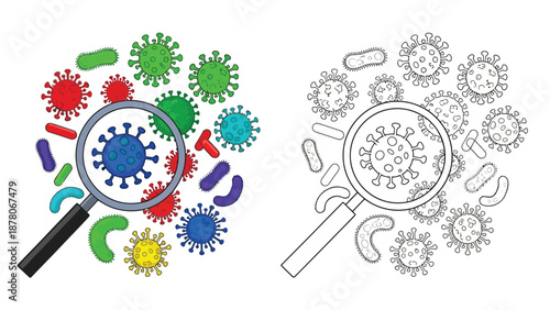Microscopic view of viruses and bacteria being examined with a magnifying glass