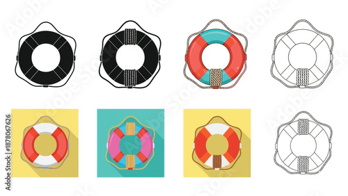 A collection of life preserver illustrations in various styles and colors