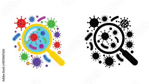 Magnifying glass examining colorful and monochrome virus and bacteria cells