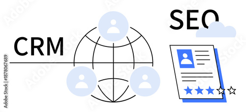 User icons connected through a globe with CRM text, SEO label, and review sheet with stars. Ideal for customer management, online marketing, analytics, networking, branding, reputation simple flat