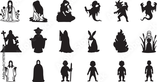 Collection of 16 black silhouettes of people isolated on transparent background