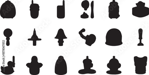 Collection of 16 black isolated vase shapes isolated on transparent background