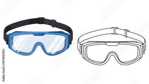 Illustrative depiction of swimming goggles presented in color and line art views