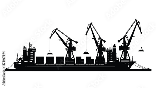 silhouette of cargo ship with cranes and containers on dock