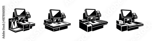 Self-checkout vector icons set for retail. simplified, modern pos system symbols