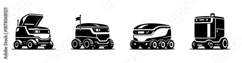Autonomous delivery vehicles vector icons set in black and white style