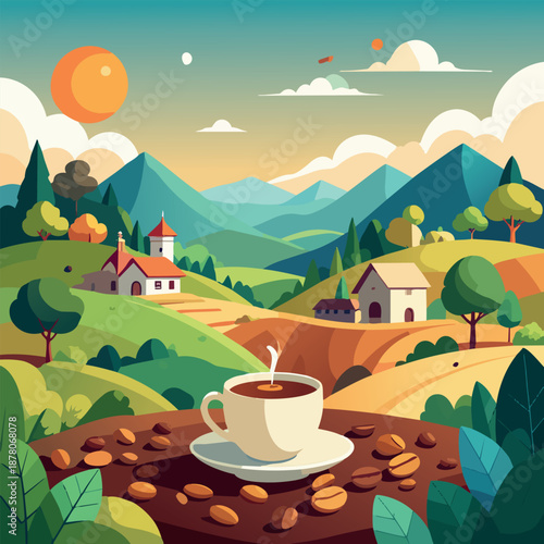 Morning Coffee Cup on Table with Scenic Mountain Landscape Background