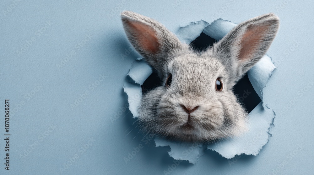 Obraz premium Cute Easter Bunny Peeking Through Torn Blue Paper Hole, Adorable Rabbit With Fluffy Fur and Ears Forward, Perfect For Spring, Easter Campaigns, And Family Holiday Visuals