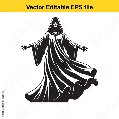 a mysterious, hooded figure with outstretched arms, wearing , hooded robe with billowy sleeves and a triangular motif on the forehead.