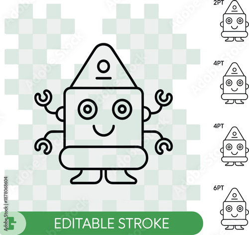 Cute little robot character with editable stroke and four mechanical arms for modern children illustration projects