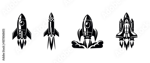 Rocket vector icons set with space shuttle designs and launch symbols