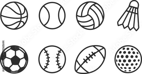Collection of outline icons representing various sports balls and equipment, perfect for sports-related designs