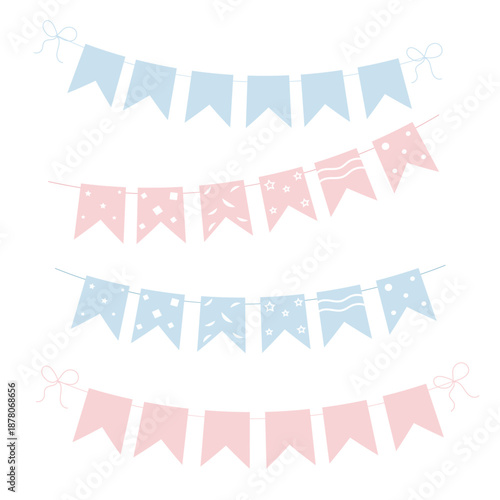 Set of pastel pink and blue bunting flags on strings. Festive garland banners with stars and dots patterns. Perfect for baby shower, birthday, gender reveal, and kids' party decorations. Vector illust