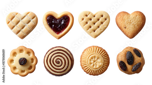 Assortment of heart shaped cookies biscuits pastries sweets on transparent background
