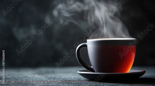 Stylish Black Coffee Cup with Steam on Dark Background, Capturing the Comforting Aroma and Warmth of a Hot Beverage for Cozy Moments
